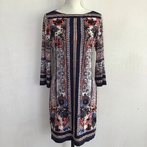 Beige by eci Women Elegant Blue Red Floral Long Sleeve Dress Size 8